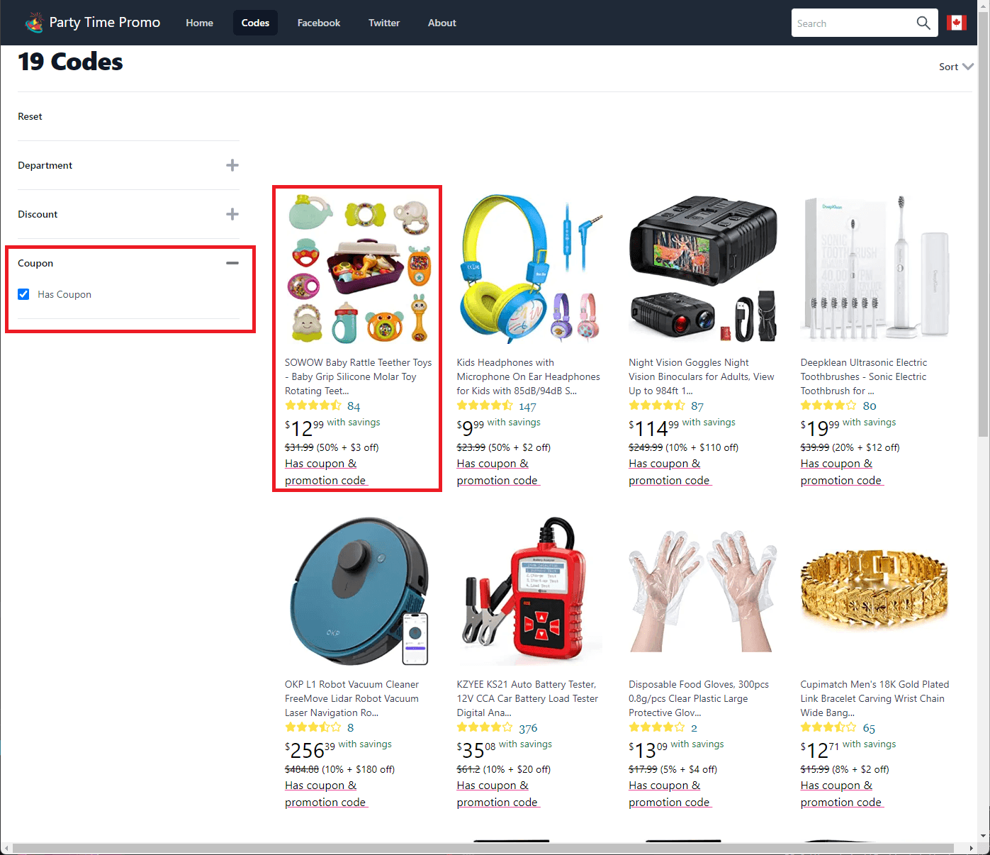 Filter by departments, having a coupon or promotion codes.