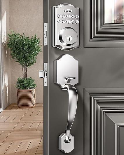 Door Lock with 2 Lever Handles - Keyless Entry Door Lock, Electronic Keypad Deadbolt, Digital Smart Code & Front Handle Sets, Auto-Locking, Easy Installation (Satin Nickel)