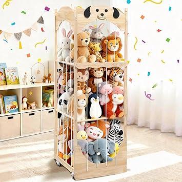 Stuffed Animal Storage & Organizer, Wooden Zoo Toy Holder with Cute Puppy Design, Large Plushies & Stuffy Storage with Elastic Cords, Kids Stuffed Animal Cage for Playroom, Bedroom, Nursery