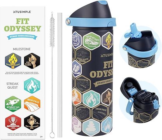 24 oz Motivational Insulated Stainless Steel Water Bottle for Sports, Gym & Travel, 2-in-1 Push-Button Spout & Quick-Flip Straw, Leak-Proof BPA-Free, Keeps Cold 30H, with DIY Fitness Stickers