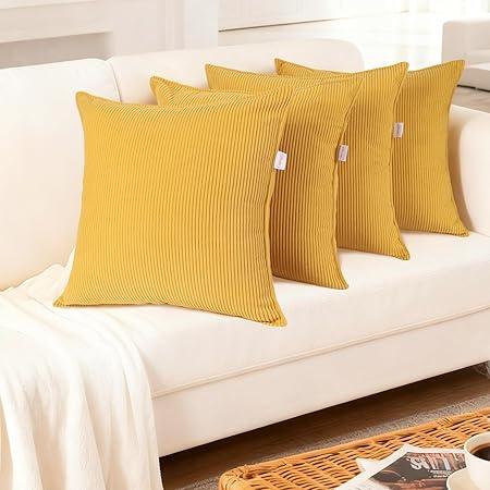 Throw Pillow Covers Corduroy Pillowcase Set of 4, No Inserts| Thick Fall Autumn Winter Decorative Soft Couch Shams Square Pillow Cases for Sofa Bed Living Room(Yellow, 22"x22")