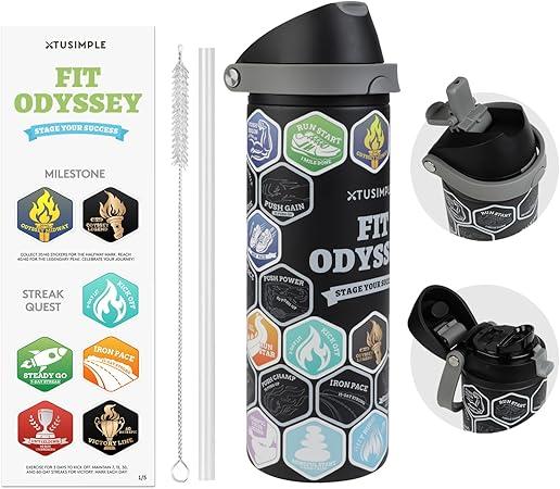 24 oz Motivational Insulated Stainless Steel Water Bottle for Sports, Gym & Travel, 2-in-1 Push-Button Spout & Quick-Flip Straw, Leak-Proof BPA-Free, Keeps Cold 30H, with DIY Fitness Stickers